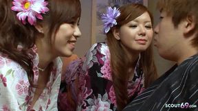 Japanese step-sisters seduce and pound innocent virgin boy in FFM threesome