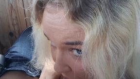 Unplanned public blowjob on a forest viewing deck &mdash;  ending with a huge facial amid yellow blooms