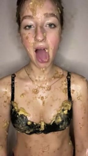 Chewed banana on my body. Banana mash on chest and face.
