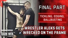 Ticklish Wrestler Aleks Gets Wrecked Strapped To The Frame Tickled, Jerked, And Ball Bumped (Final Part)