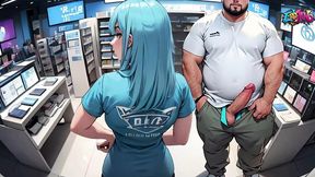 Saleswoman's shock as she sees and gobbles a hidden cock in her cell phone store