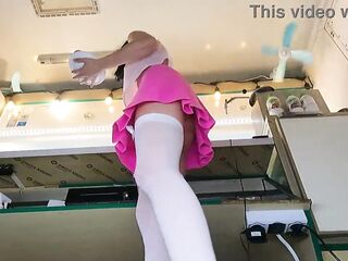 18 yo girl working in white stockings pearl thongs pink mini skirt and braless for extra cash.MP4