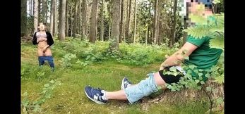 Dick Flash in the forest woman watches and masturbates. He joins sucks and I cum on her tits.