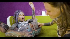 Tattooed Whores Shoving Monster Toys Deep Inside