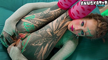 skinny Tattoo girl plays with her ANAL hole - sextoy masturbation
