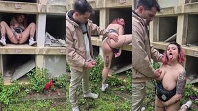 i m on my way to see a deceased member of my family and i find a slutty, dirty whore masturbating on one of the graves and i end up sucking her off.