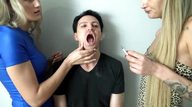 Submissive man kneels and serves his blonde mistress in a series of domination scenes