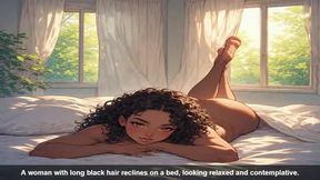 A woman with long black hair reclines on a bed, looking relaxed and contemplative.