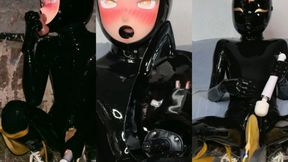 Outdoors latex kigurumi pisspants and dildo blowjob