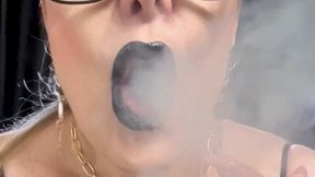 Close-up - Pov - Red Marlboro - Come closer and I will breathe in your face - Deep Inhales, Triple pumps, Smoke rings, Cough, Heavy makeup, Black lipstick, long nails, PVC Vinyl