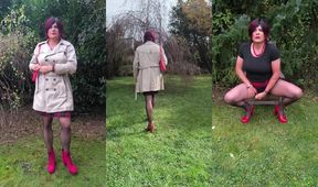 Tranny MILF Crossdresser Explodes Cum Load In Garden Pantyhose
