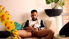 horny latino jerking his big uncut cock really hot until he cums handsfree close to the cam