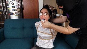 Khrystal in shiny white blouse gagged with stuffed mouth and tape gagged with clear tape and then with wraparound, her toes tightly tied with zip ties