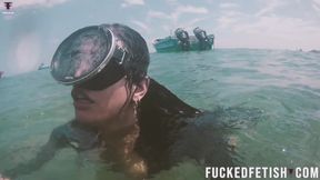 Free Diving Fins Under Open Sea Sexy Latina Goddess