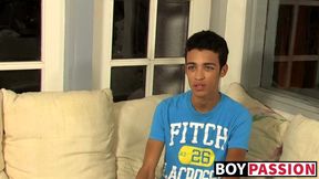 Interviewed twink tugs on his cock until he cums thick loads