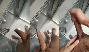 Shower Jerk with Big Cock Squirting on Feet Cream Bath