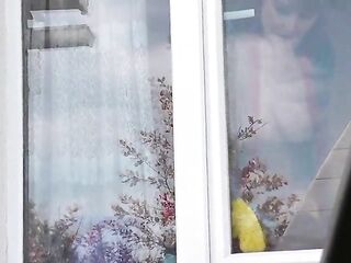 Public nudity Stripped in public. Taxi driver watching a sexy hot woman mother I'd like to fuck which in robe out of pants and brassiere clean kitchen window Outdoors Outside Tits Large natural melons Unshaved vagina Golden-haired Voyeur