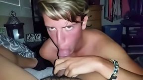 Twink friend strokes my big cock, I cum in his mouth