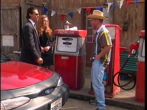 Cowboy dungaree fucks a rich man's sexy wife with great tits at gas station