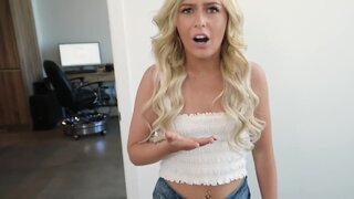 Marvelous blonde blows her stepbrother and gives him some pussy