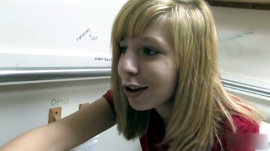 Blonde Chastity Lynn grinds against the bathroom wall in high heels