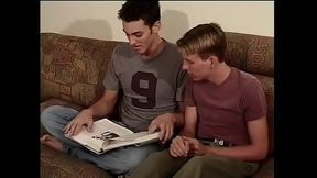 Slim young gay blonde in white socks rides his dark haired friend'_s hard cock
