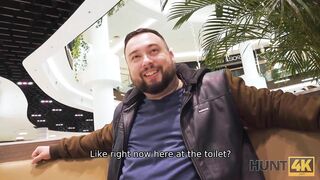 HUNT4K Cuck stays in public toilet and watches GFs sex with hunter