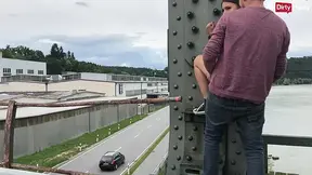 Amateur couple risks it all with a public pound on a bridge