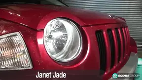 Janet Jade wets her big tits while washing a car in college