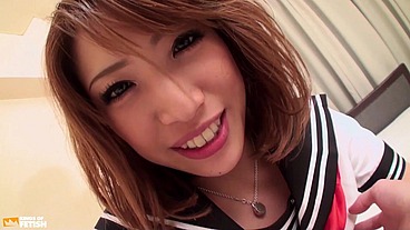 Asian student rides a man with big cock after giving a deep blowjob POV style