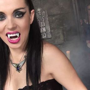 Busty brunette vampire loves sexy blonde shoving a toy up her fuckhole