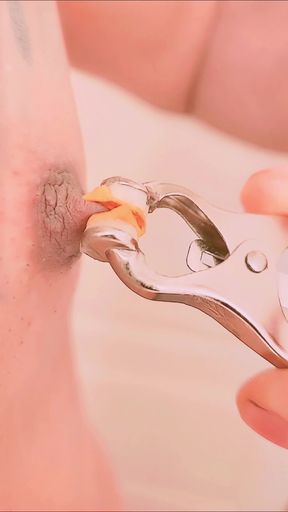 perfect sissy twink femboy with sexy nipples close up rough nipple play with ice clamps suckers and fingers   Clip 2