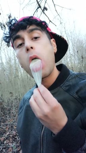 Twink Uses Cum Filled Condom After Fuck Like Bubble Gum and Puts on a Condom on His Tongue