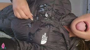 Busty girl in down jacket gets covered in cum after giving upside down deepthroat - clothes fetish video