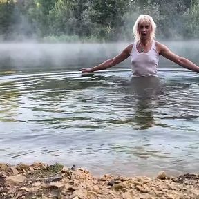 Swimming in the lake on morning in clothes...and nude... wet &amp; happy! wetlook transgirl.