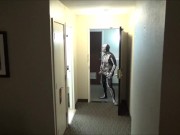 zentai skeleton jerk off at hotel room window and then room door