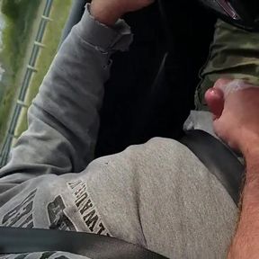 Bear Jerks and Cums in Moving Car