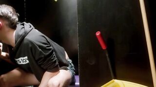 Gay janitor sucks big cock in glory hole booth