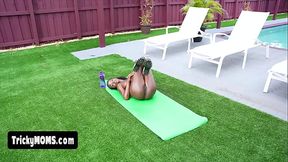 Beautiful and sporty ebony MILF gets her tight pink pussy destroyed outdoors