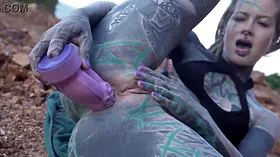Tattooed babe gets bold in public — anal play and wet release
