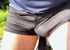 On the bike with mesh shorts