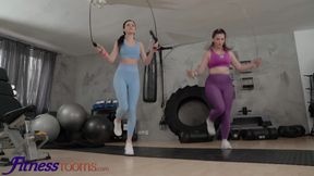 Three curvaceous lesbians sweating out at fitness club