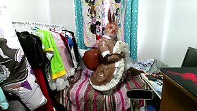 Pvc inflatable tail brown fox sissy maid clear hood breathplay vibrator