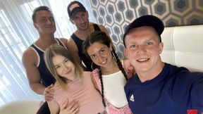 Big-cocked studs double penetrate busty babe in punishing gangbang