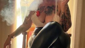 Perfect goddess smoking Marlboro Red 100s for you wearing a skintight leather pants, lace bra and High heels