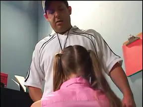 Barely legal slut sucks three hard cocks in threesome