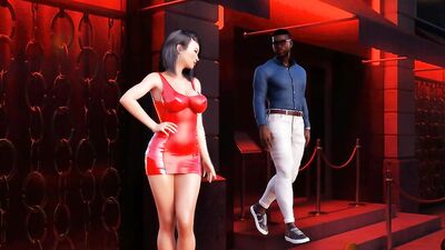 Busty babe kneels on a black man and blows him in 3D cartoon