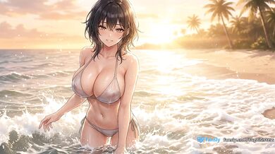 Hermosa chica mojada en bikini en la playa al atardecer