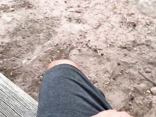 Tugjob From a Cute Stranger in the Forest. Cum on feet. White toe nails