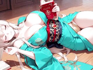 Golden-haired in a Green Kimono! Idle Terrace Reading, off-shoulder Design Is Also Sinful!